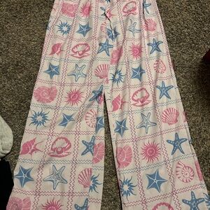 SHEIN Pink & Blue Wide Leg Seashell Print Pants